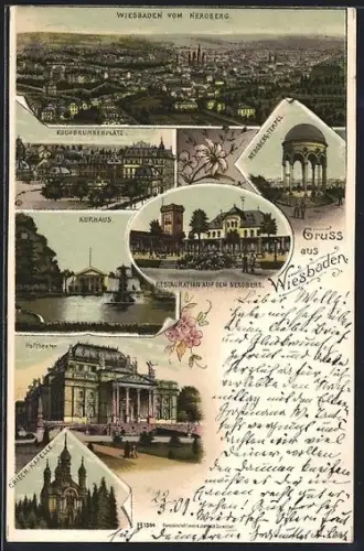 Lithographie Wiesbaden, Restaurant auf dem Neroberg, Königl. Theater, Kurhaus