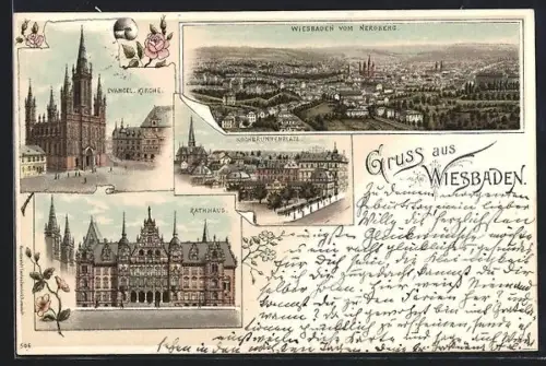 Lithographie Wiesbaden, Panorama vom Neroberg, Rathaus und Kochbrunnenplatz