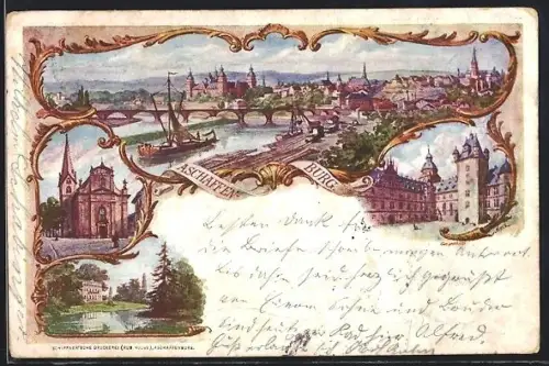 AK Aschaffenburg, Ortsansicht mit Schloss, Kirche, Marktplatz, Partie in einem Park