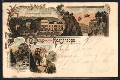 Lithographie Thale, Hotel zur Rosstrappe, Winzenburg, Teufelsbrücke, Wanderer und seine Frau, stürzender Reiter