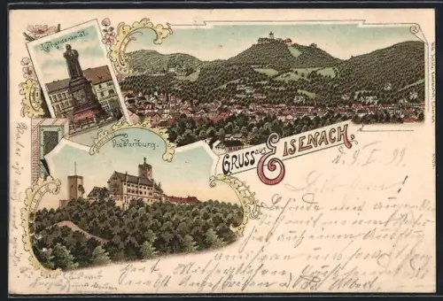 Lithographie Eisenach, Lutherdenkmal, Ansicht der Wartburg, Ortsansicht gegen die Berge