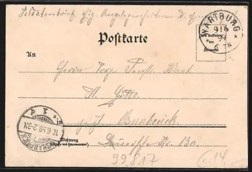 Lithographie Eisenach, Lutherdenkmal, Ansicht der Wartburg, Ortsansicht gegen die Berge