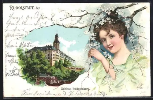 Foto-AK Rudolstadt, Schloss Heidecksburg, Junge Dame unter blühendem Baum