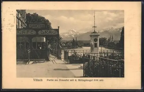 AK Villach, Partie am Drauufer mit d. Mittagskogel, Wettersäule