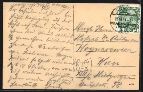 AK Villach, Partie am Drauufer mit d. Mittagskogel, Wettersäule