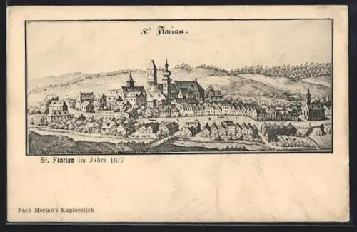 Künstler-AK St. Florian, Ortsansicht im Jahre 1677 nach Merian