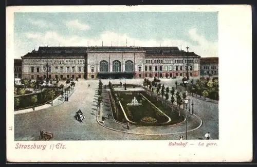 AK Strassburg i. Els., Bahnhof mit Vorplatz