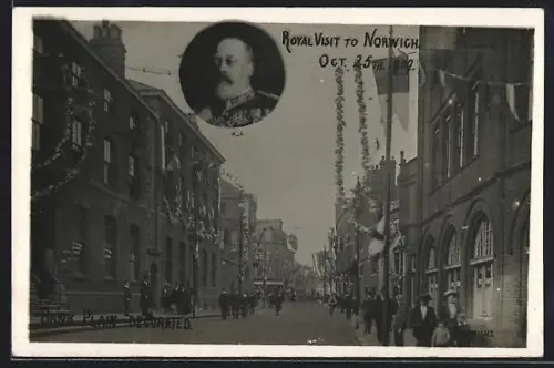 AK Norwich, Royal Visit to Norwich 1909, Bank Plain Decorated