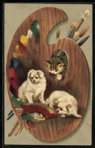 Präge-AK Katze und kleine Hunde mit Farbpalette und Pinseln