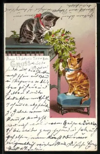 Lithographie Zwei kleine Katzen spielen mit Stechpalmengrün