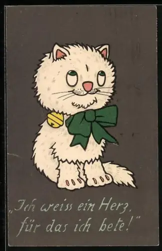 Künstler-AK Cartoon-Katze mit grüner Schleife