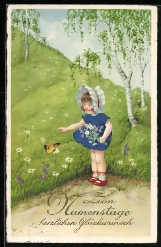 AK Kleines Mädchen und Schmetterling im Frühling, Namenstagsgruss