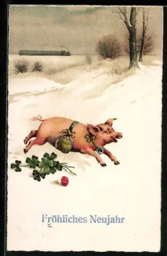 AK Rennendes Schwein mit Geldsack im Schnee, Glücksklee, Fliegenpilz, Neujahrsgruss