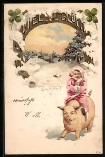 Lithographie Kind beim Ritt auf einem Schwein, Schnee, Ortschaft, Glücksklee, Neujahrsgruss