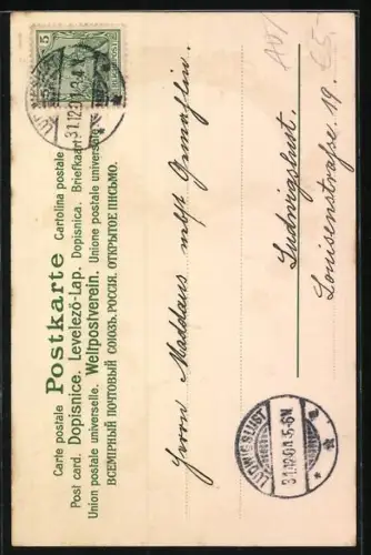 Lithographie Kind beim Ritt auf einem Schwein, Schnee, Ortschaft, Glücksklee, Neujahrsgruss