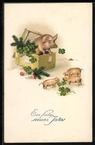 AK Schwein in einer Kiste und Ferkel mit Glücksbringern, Neujahrsgruss