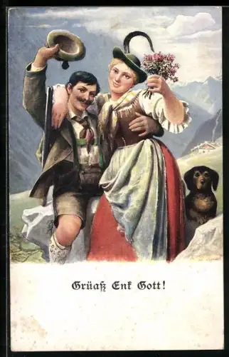 AK Trachtenpaar mit Blumen und Hund vor Bergpanorama