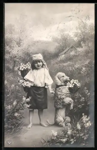 AK Kleine Blumensammlerin und Männchen machender Pudel