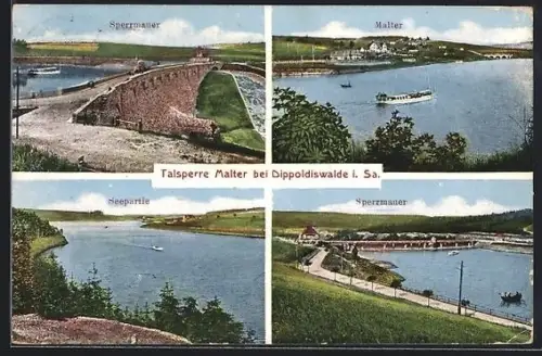 AK Malter b. Dippoldiswalde, Talsperre-Sperrmauer, Seepartie, Ortsansicht