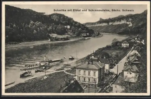 AK Schmilka /Sächs. Schweiz, Ortsansicht mit Elbtal und Schrammsteine