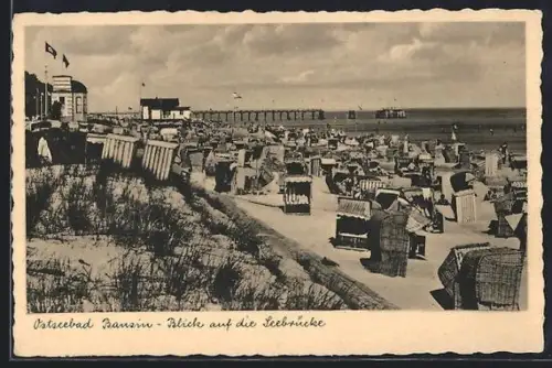 AK Bansin, Blick auf die Seebrücke, Strand mit Strandkörben, 