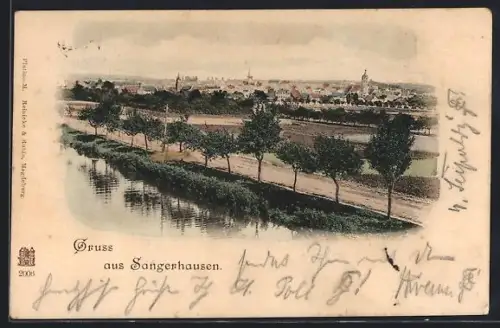 Lithographie Sangerhausen, Stadtansicht mit Gewässer und Umgebung