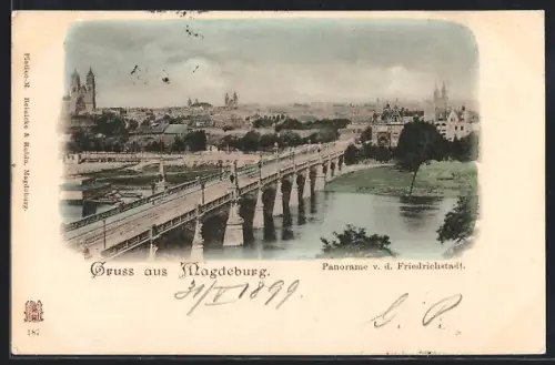 AK Magdeburg, Stadtpanorama mit Brücke von der Friedrichstadt