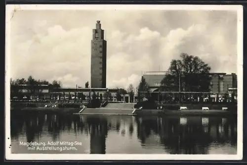 AK Magdeburg, Adolf-Mittag-See, Ausstellungsturm