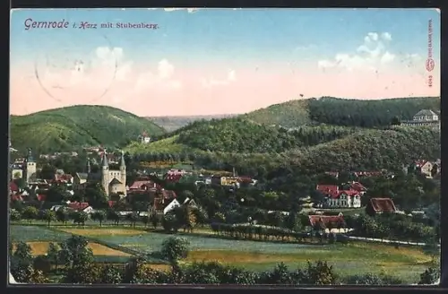 AK Gernrode i. Harz, Ort mit Stubenberg aus der Vogelschau