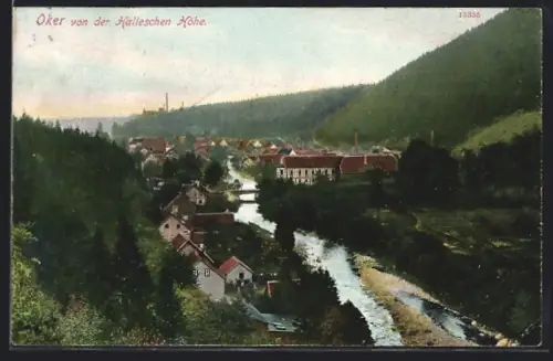 AK Oker, Blick von der Halleschen Höhe auf Ort und Fluss