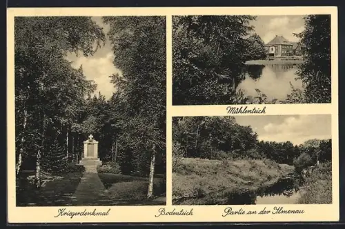 AK Bodenteich, Kriegerdenkmal, Mühlenteich, Partie an der Ilmenau