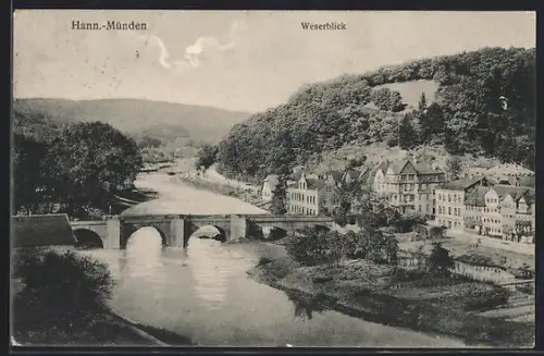 AK Hann.-Münden, Weserblick, Brücke, Häuser am Fluss