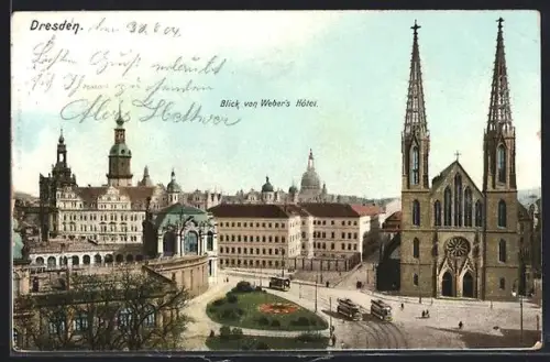 AK Dresden, Blick von Weber`s Hotel auf die Stadt, Kirche, Strassenbahnen