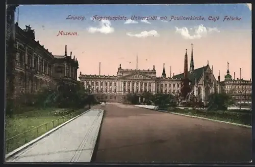 AK Leipzig, Augustusplatz, Universität mit Paulinerkirche, Café Felsche, Museum