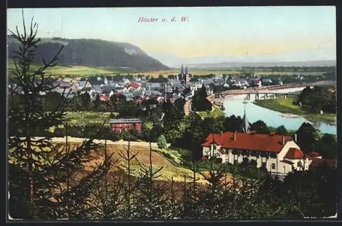AK Höxter a. d. W., Stadtansicht mit Weserbrücke und Kirche