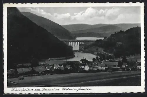 AK Helminghausen, Ortsansicht mit Viadukt u. Diemelsee