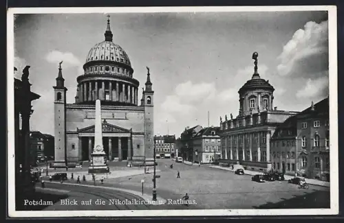 AK Potsdam, Blick auf die Nikolaikirche, Rathaus, Obelisk