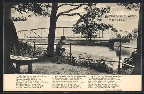 AK Nienburg a. d. Weser, Weserpartie mit Brücke, Weserlied