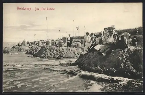 AK Norderney, Die Flut kommt, Strand mit Badegästen