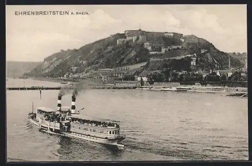 AK Ehrenbreitstein a. Rhein, Festung Ehrenbreitstein, Dampfschiff auf dem Rhein