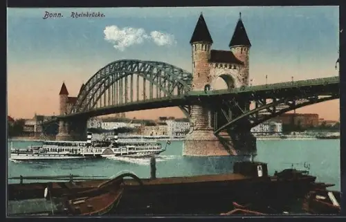 AK Bonn, Rheinbrücke und Dampfer