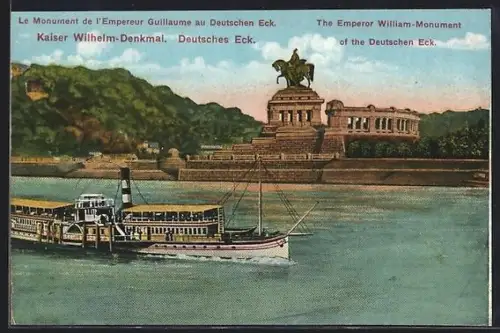 AK Koblenz, Kaiser Wilhelm-Denkmal, Deutsches Eck, Dampfschiff