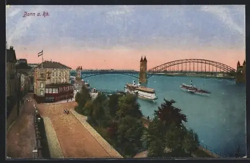 AK Bonn a. Rh., Rheinbrücke, Schiffsanleger, Uferpromenade