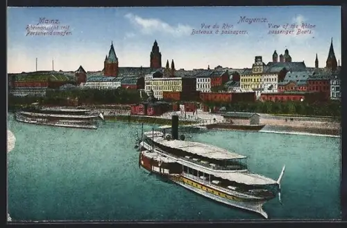 AK Mainz, Rheinanlage mit Personendampfern