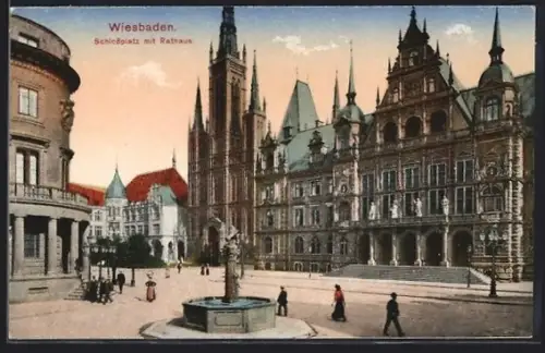 AK Wiesbaden, Schlossplatz mit Rathaus u. Brunnen
