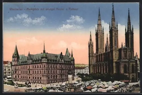 AK Wiesbaden, Marktplatz, evangelische Kirche, Rathaus