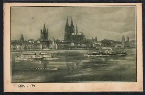 AK Köln a. Rh., Dom, Altstadt, Rhein-Panorama mit Dampfschiffen
