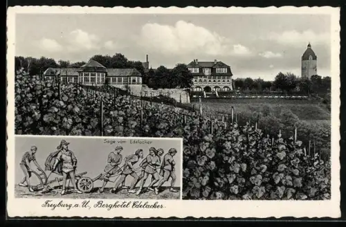 AK Freyburg a. U., Berghotel Edelacker mit Weinreben im Vordergrund, Darstellung der Sage vom Edelacker