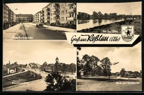 AK Rosslau /Elbe, Blick in die Mitschurinstrasse, Partie an der Elbe, Friedensplatz, Blick zur Südstrasse