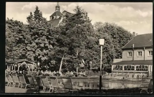 AK Pretzsch /Elbe, Kuranlagen mit Teich und Ruhebänken